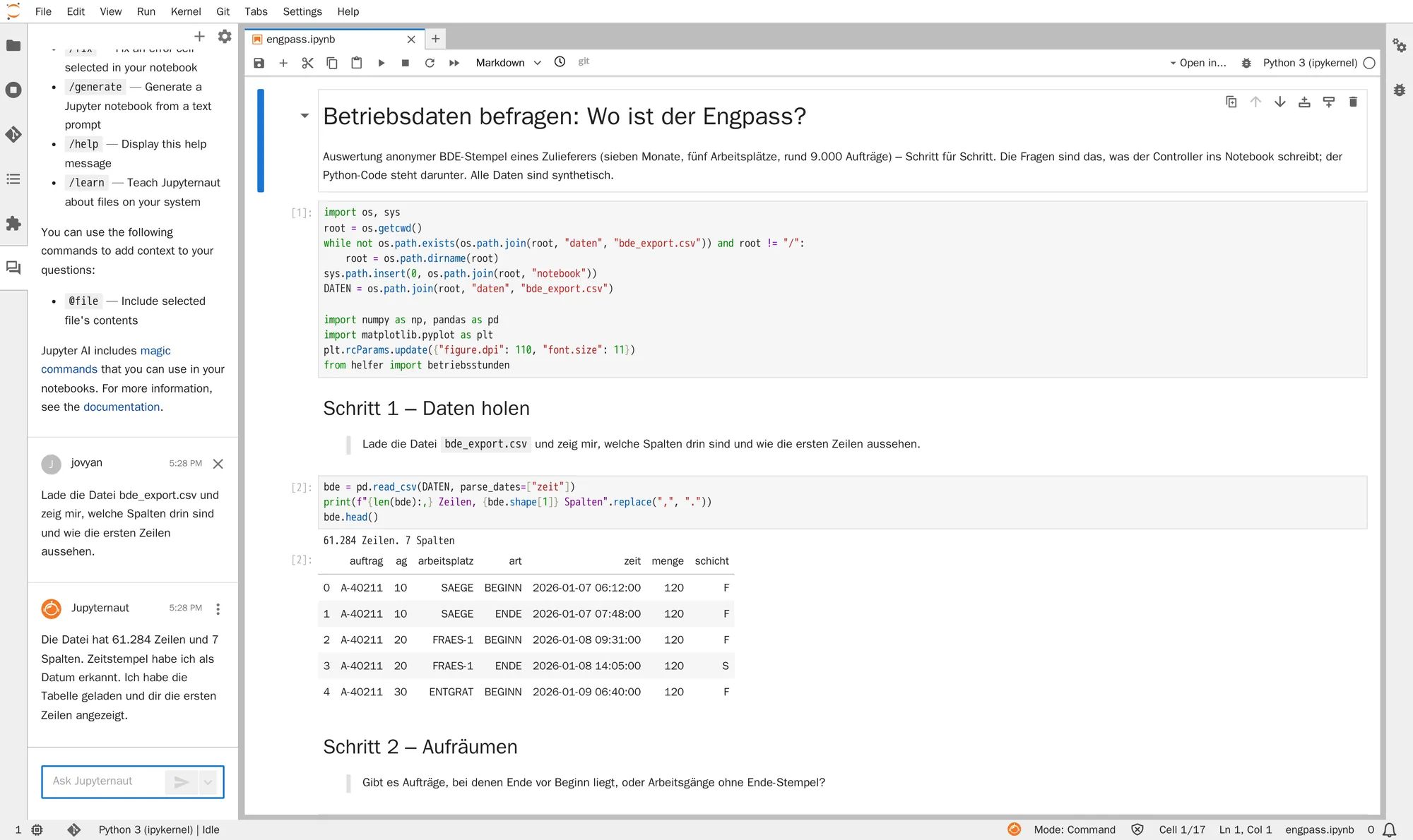 Jupyter AI Chat-Seitenleiste mit Jonas' Frage und der Antwort, daneben das Notebook