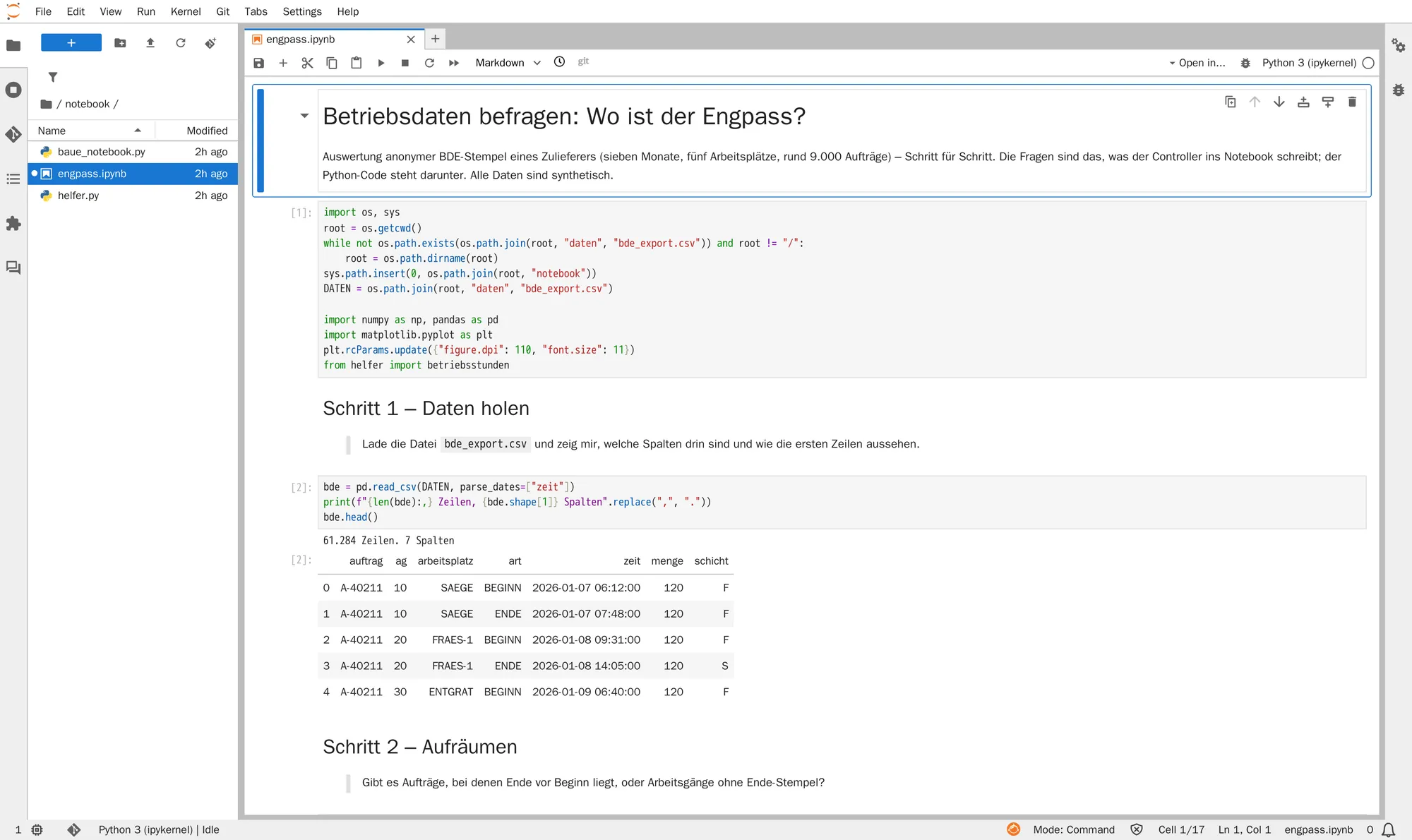 JupyterLab im Dark-Theme mit dem geöffneten Notebook engpass.ipynb